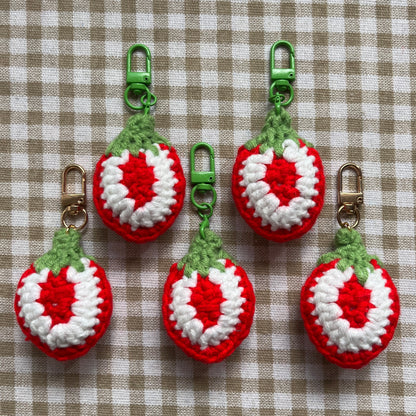 crochet keychain: strawberry slice
