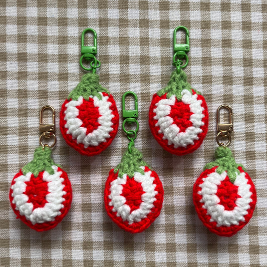 crochet keychain: strawberry slice