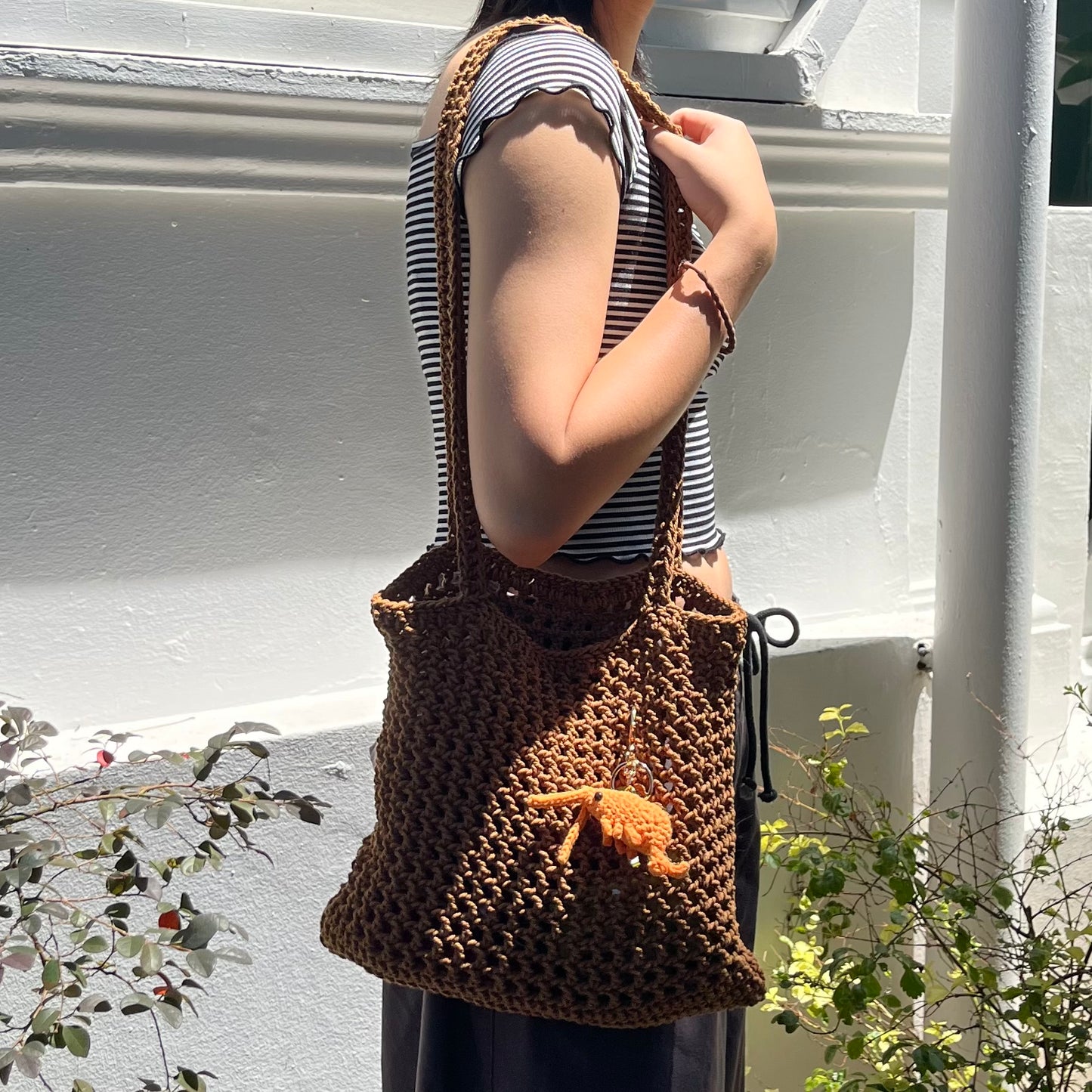 crochet bag: brown mesh market bag🐌with shrimp🦐