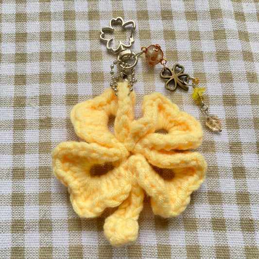 crochet keychain: yellow 4 leaf clover with charms