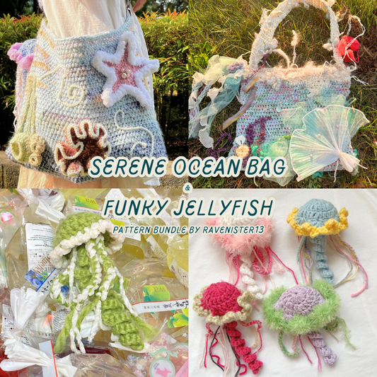 serene ocean bag & funky jellyfish bundle ଘ(੭ˊ꒳ˋ)੭✧ | 2-in-1 crochet pattern pdf